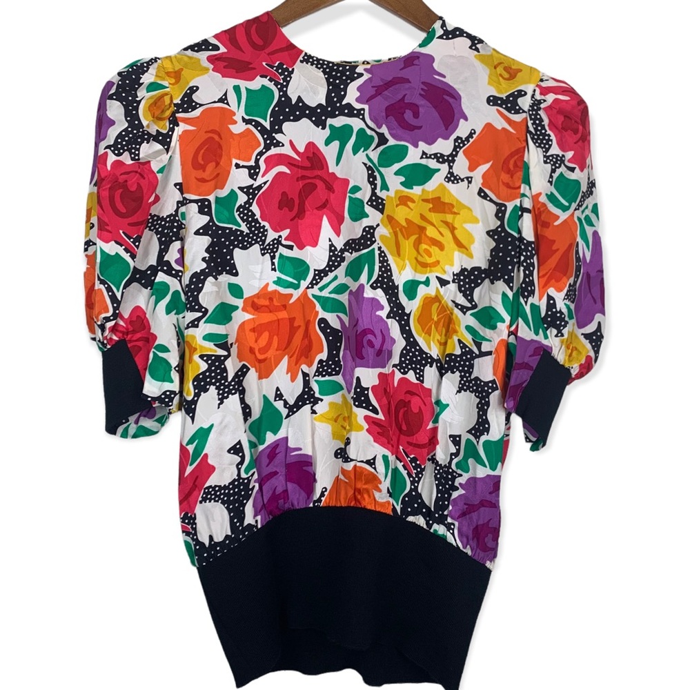 Adrianna Papell Multicolored Floral Silk Half Sleeve Button Back Blouse